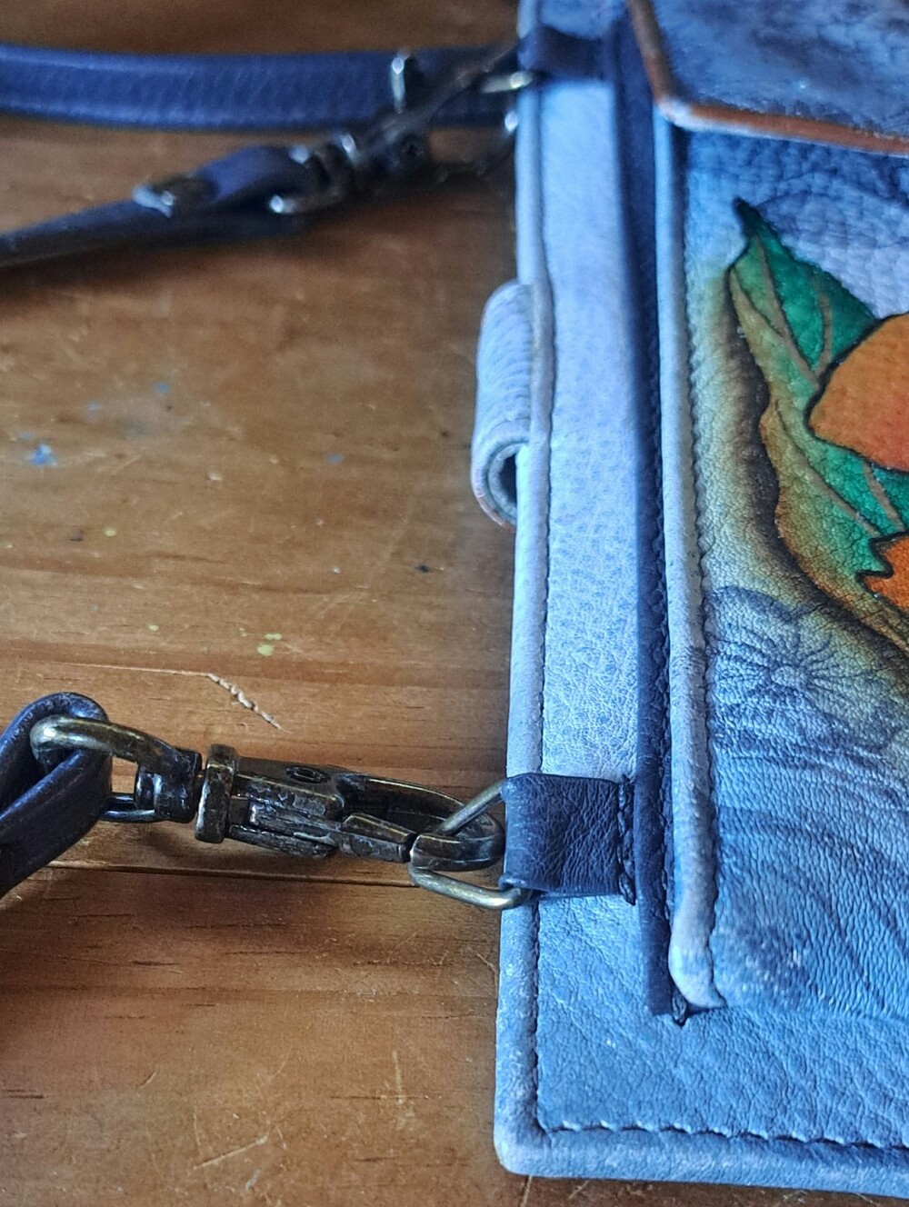 Anuschka Hand Painted Leather Crossbody Smartphone Wallet Orange Poppy Floral - Picture 5 of 13